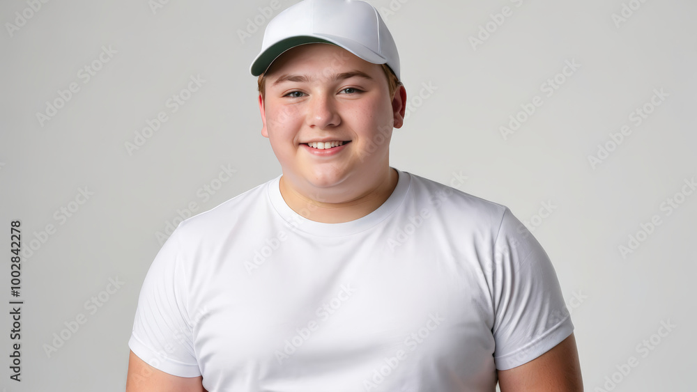 Plus size teenage boy wearing white t-shirt and white baseball cap isolated on grey background Plus size teenage boy wearing white t-shirt and white baseball cap isolated on grey background