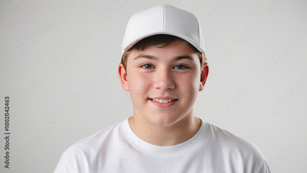 Plus size teenage boy wearing white t-shirt and white baseball cap isolated on grey background Plus size teenage boy wearing white t-shirt and white baseball cap isolated on grey background