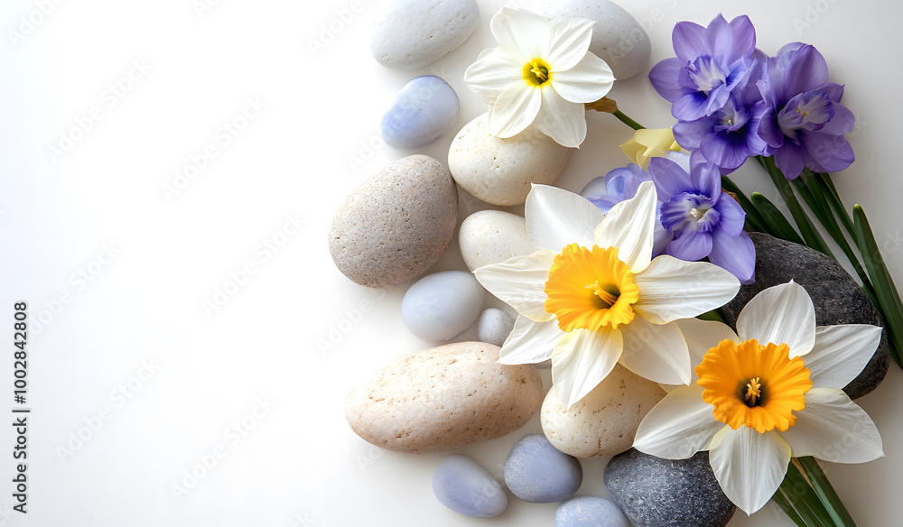 Spring Flowers and Smooth Stones Arrangement on White Background Spring Flowers and Smooth Stones Arrangement on White Background