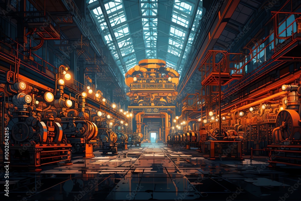 Fototapeta premium A vibrant industrial interior showcasing machinery and lighting in a large workspace.