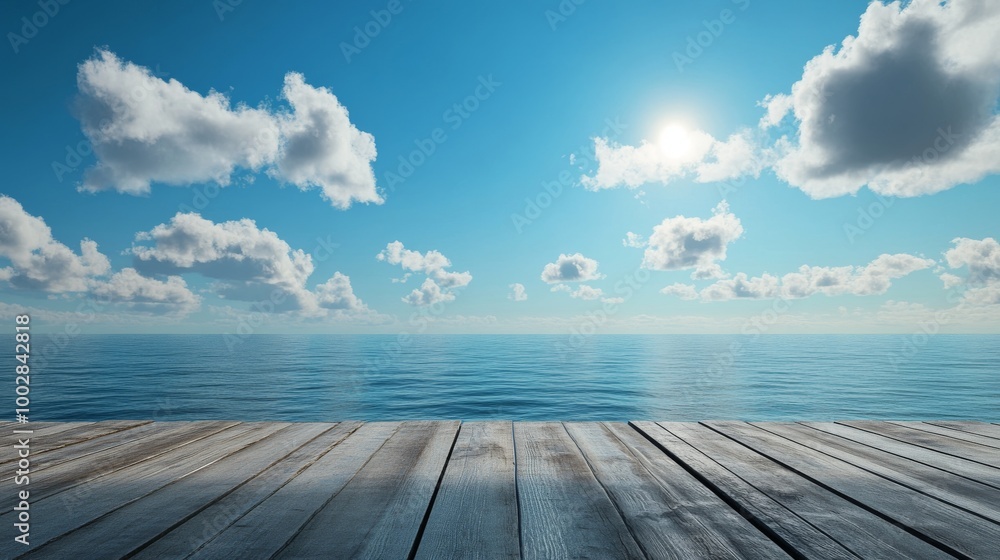 Perspective from a wooden platform, facing an endless ocean Perspective from a wooden platform, facing an endless ocean