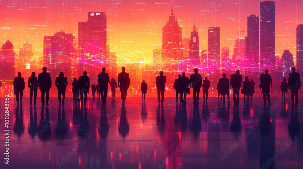 A striking silhouette of business people against a vibrant sunset skyline, symbolizing teamwork and innovation in an urban setting, perfect for corporate themes A striking silhouette of business people against a vibrant sunset skyline, symbolizing teamwork and innovation in an urban setting, perfect for corporate themes