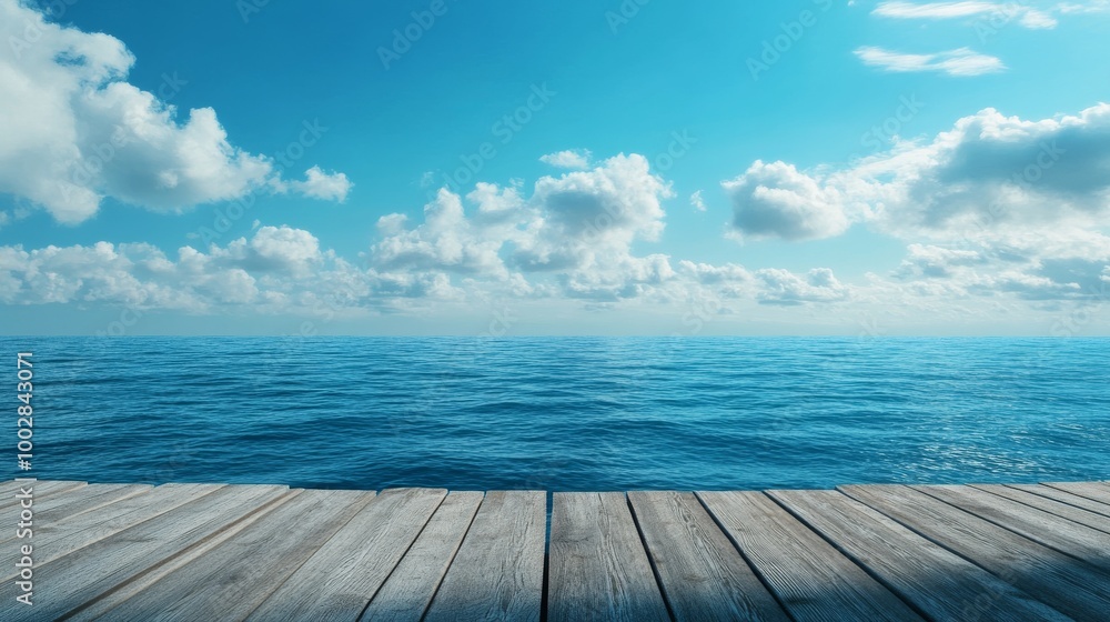 Fototapeta premium Perspective from a wooden platform, facing an infinite ocean