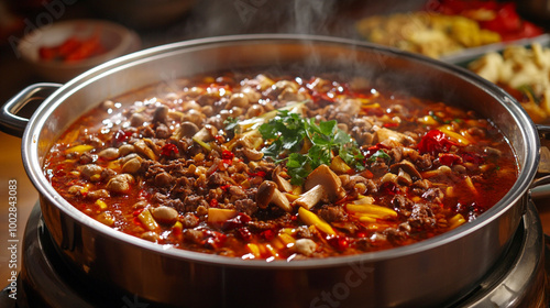 A close-up view of spicy Sichuan hot pot with meat and vegetables steaming in a pot