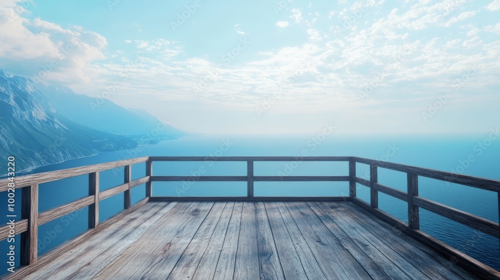 Perspective from a wooden viewing deck with no railings, looking out over a boundless ocean Perspective from a wooden viewing deck with no railings, looking out over a boundless ocean