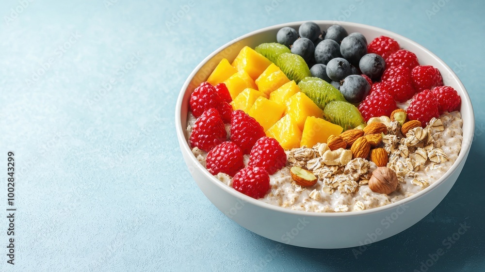 Colorful fruit and granola bowl with oats on a blue background. Colorful fruit and granola bowl with oats on a blue background.