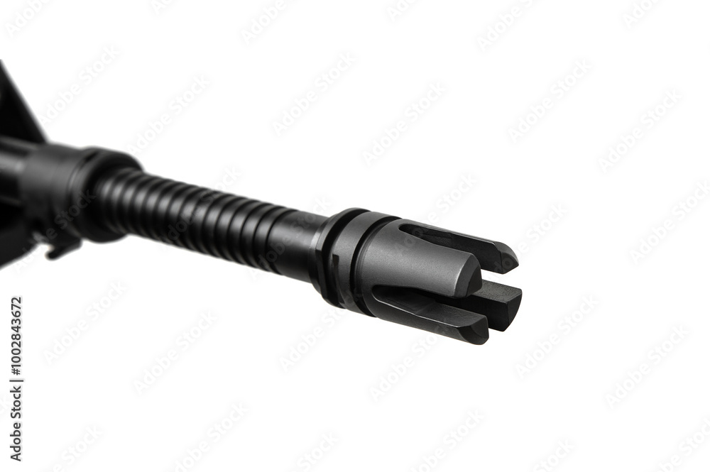 Close-up of the carbine barrel. Modern carbine of the bullpup system. Weapons for police, army and special forces. Isolate on a white back Close-up of the carbine barrel. Modern carbine of the bullpup system. Weapons for police, army and special forces. Isolate on a white back