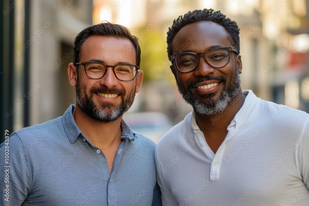 Portrait closeup of two professional businessmen partners shaking hands outside job center during working meeting, Generative AI Portrait closeup of two professional businessmen partners shaking hands outside job center during working meeting, Generative AI