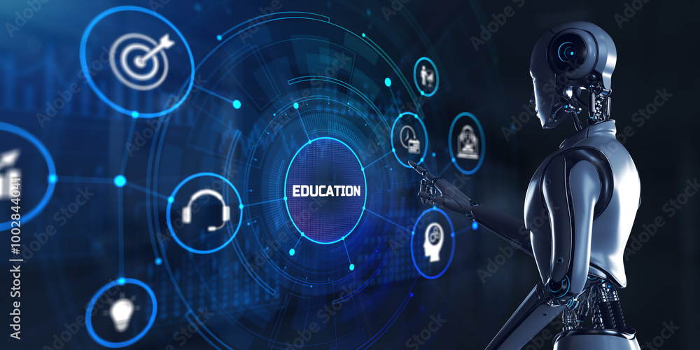 Education automation e-learning. Robot pressing button 3d render. Education automation e-learning. Robot pressing button 3d render.