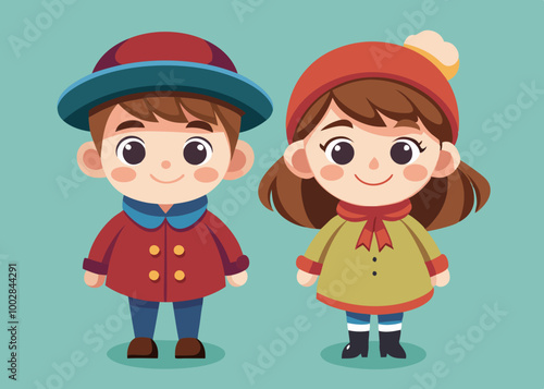 Cute Boy and Girl in hats and coats