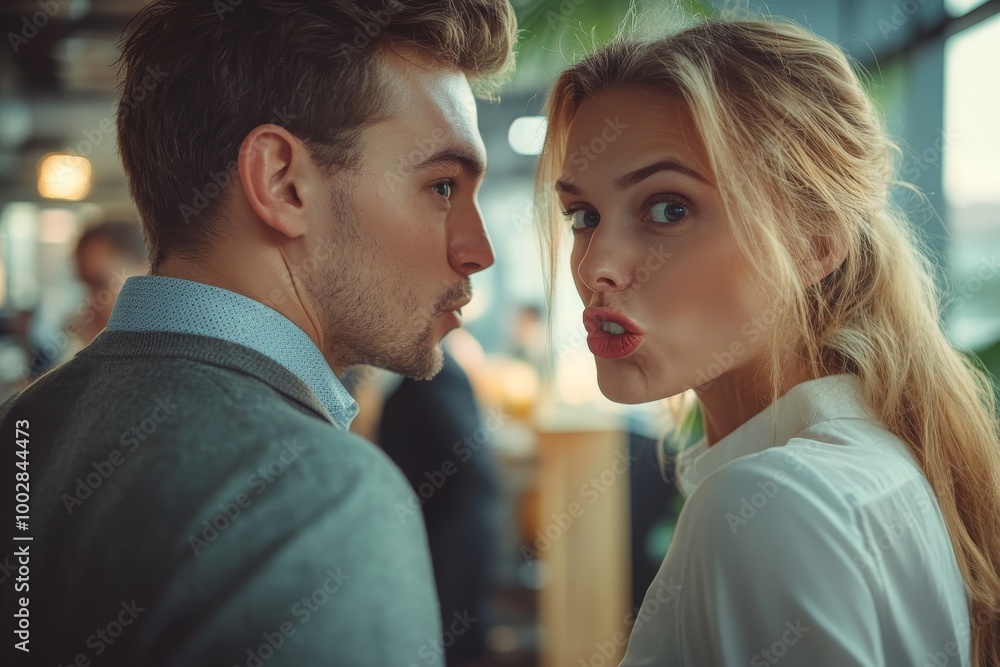 Naklejka premium Two colleagues are gossiping at background behind the boss. workmate about bullying problem at work place in office in the break outside Male Coworkers employees man and woman Whispering,Generative AI