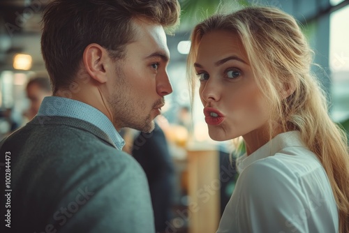 Two colleagues are gossiping at background behind the boss. workmate about bullying problem at work place in office in the break outside Male Coworkers employees man and woman Whispering,Generative AI