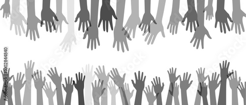 Raised hands for Teamwork, collaboration, voting, volunteering silhouette black filled vector illustration icon