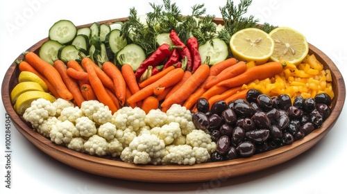 A colorful mix of pickled vegetables, including carrots, lemons, cucumbers, black and green olives, chili peppers, and cauliflower, arranged in a wooden dish against a white background. photo