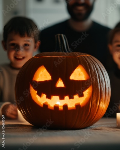 A carved pumpkin with a smiling face, lit from within, surrounded by smiling children. photo