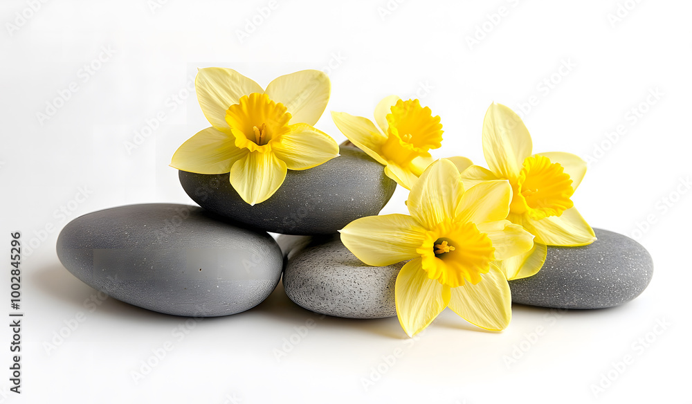 Spring Flowers and Smooth Stones Arrangement on White Background Spring Flowers and Smooth Stones Arrangement on White Background