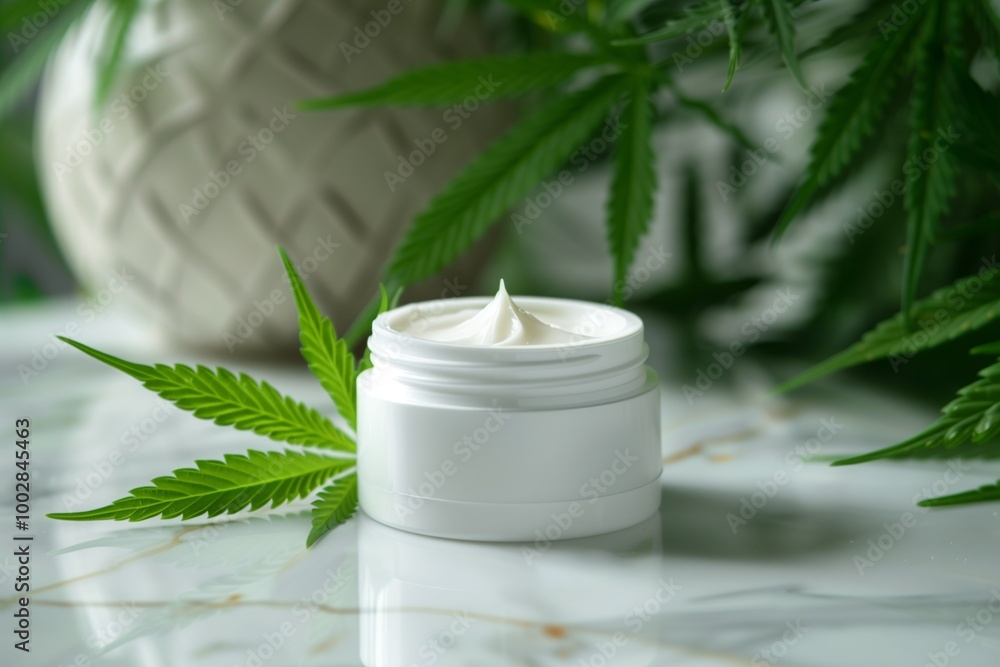 A white jar of cream sits on a table next to a leafy green plant A white jar of cream sits on a table next to a leafy green plant