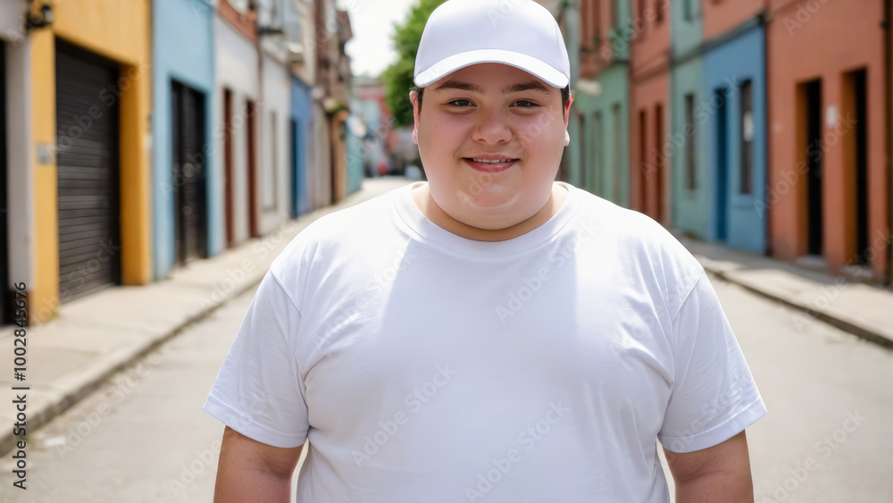 Fototapeta premium Plus size teenage boy wearing white t-shirt and white baseball cap standing in a city alley