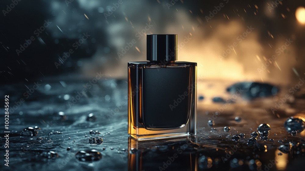 Elegant Perfume Bottle with Drops and Soft Lighting Elegant Perfume Bottle with Drops and Soft Lighting