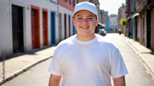 Plus size teenage boy wearing white t-shirt and white baseball cap standing in a city alley