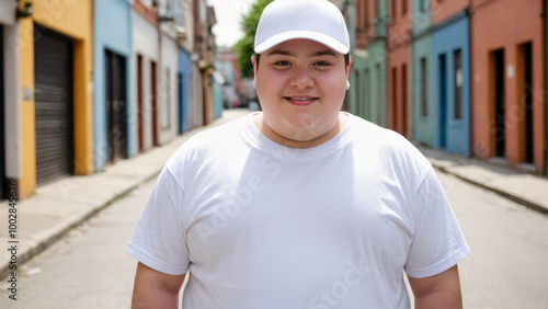 Plus size teenage boy wearing white t-shirt and white baseball cap standing in a city alley