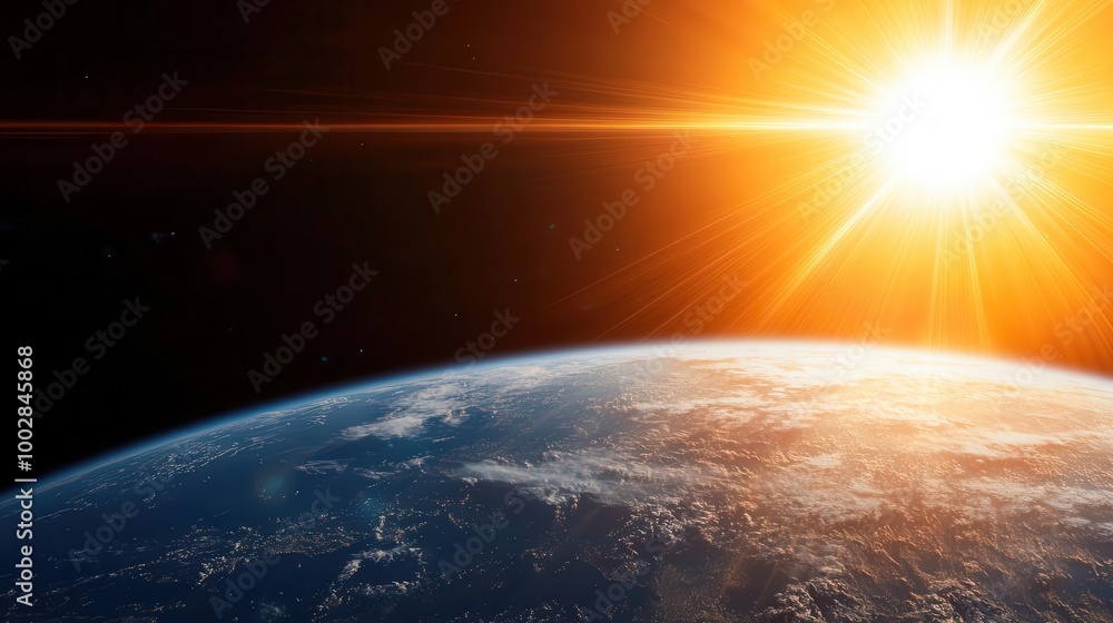 Sun radiating energy towards Earth, highlighting the greenhouse effect, thermodynamics, solar energy concept Sun radiating energy towards Earth, highlighting the greenhouse effect, thermodynamics, solar energy concept