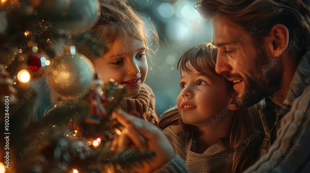 Realistic scene of a family decorating a Christmas tree with nativity ornaments high-definition clarity Realistic scene of a family decorating a Christmas tree with nativity ornaments high-definition clarity