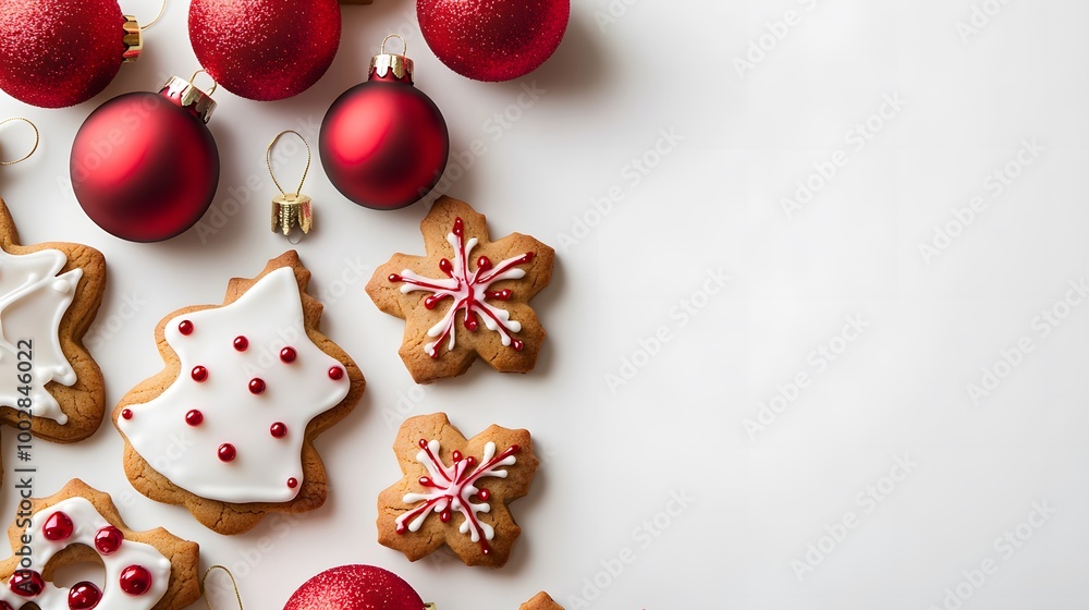 Artful display of ginger cookies and glossy red ornaments on white surface. Artful display of ginger cookies and glossy red ornaments on white surface.