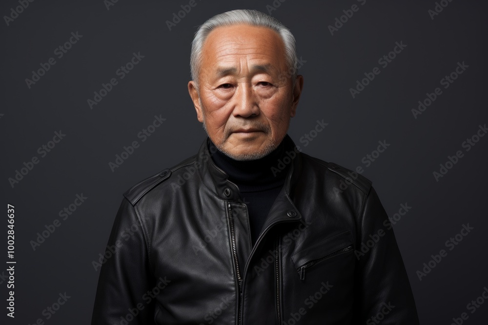 Fototapeta premium Portrait of a tender asian man in his 80s sporting a classic leather jacket isolated in plain cyclorama studio wall