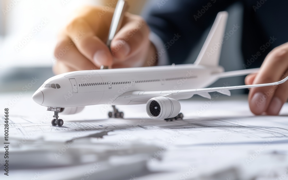 Naklejka premium Aircraft designer working on a scale model with precision, blueprints and engineering tools spread out, symbolizing the craftsmanship and detail in aviation innovation, good fingers, good hand
