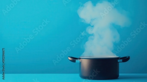 A pot of boiling water with rising steam illustrating latent heat, thermodynamics, boiling point concept