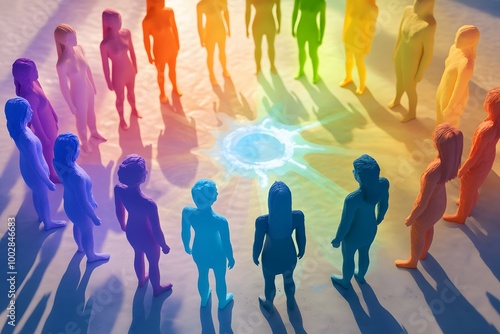 people standing in a circle, each person is a different color and they all have their own unique aura. The background colors are rainbow-colored.