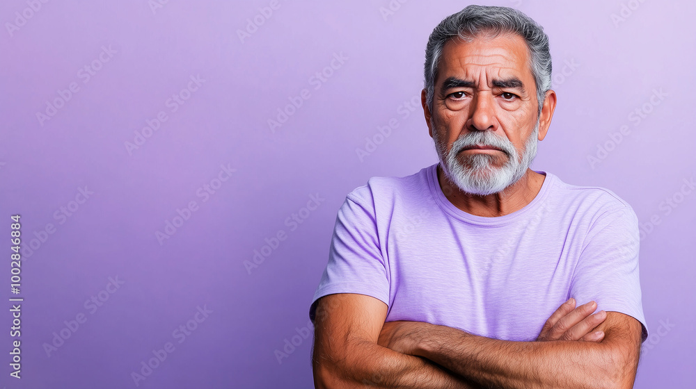 older Hispanic man with a stern expression, arms crossed, wearing a purple shirt, standing against a matching lavender background, conveying strength, seriousness, and determination. older Hispanic man with a stern expression, arms crossed, wearing a purple shirt, standing against a matching lavender background, conveying strength, seriousness, and determination.