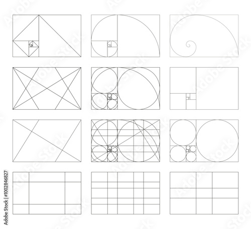 Golden ratio frames, rectangles. Method golden section templates. Fibonacci array, numbers. Collection of harmony proportions grids. Outline graphic illustration. 