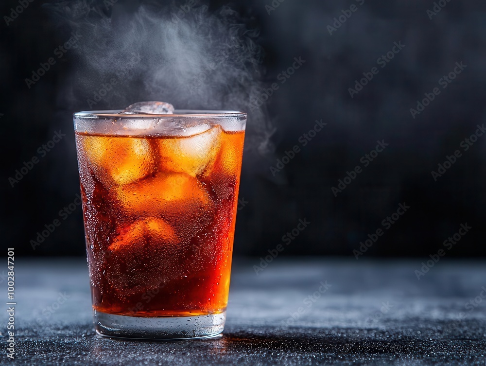A glass of iced tea sweating on a hot day, illustrating condensation and heat exchange, thermodynamics, condensation process concept A glass of iced tea sweating on a hot day, illustrating condensation and heat exchange, thermodynamics, condensation process concept