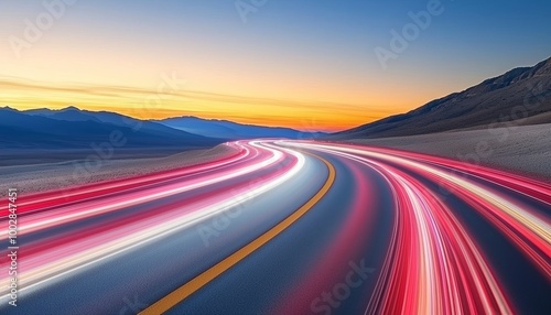 Camera lens capturing a road winding through mountains, light trails from passing cars blending with the calm of a sunset, evoking the allure of adventure