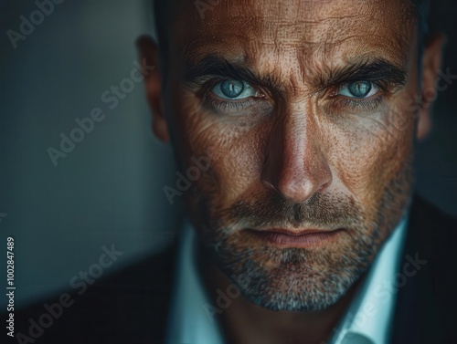 Close-up portrait of a man with intense blue eyes, looking directly at the camera. photo