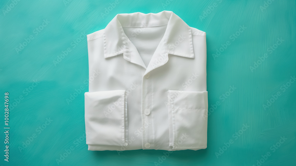 Neatly folded white shirt is displayed against a teal background. The clean, crisp presentation emphasizes simplicity, minimalism, and organization. Neatly folded white shirt is displayed against a teal background. The clean, crisp presentation emphasizes simplicity, minimalism, and organization.