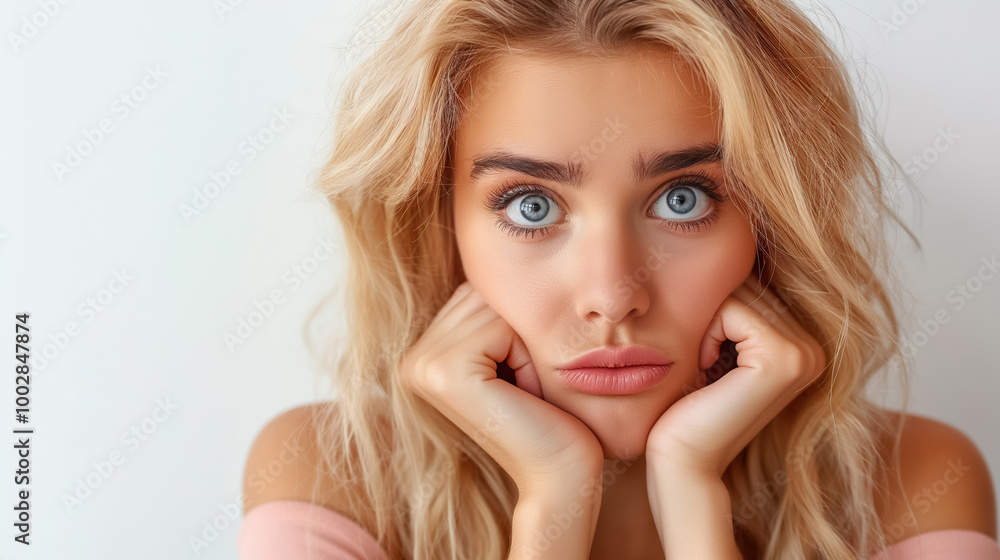 Naklejka premium Blonde woman with blue eyes looks directly at the camera with a surprised or puzzled expression, resting her chin on her hands against a simple white background.