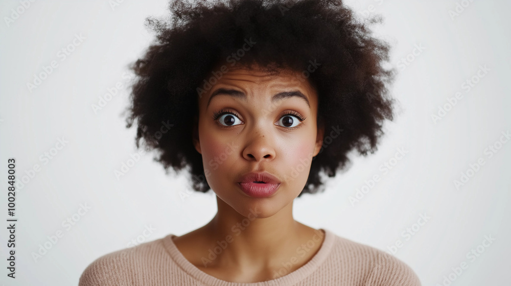 An image of a black woman with curly hair making a surprised and exaggerated face, her eyes wide open conveying a sense of fun, youthfulness, and spontaneity. An image of a black woman with curly hair making a surprised and exaggerated face, her eyes wide open conveying a sense of fun, youthfulness, and spontaneity.