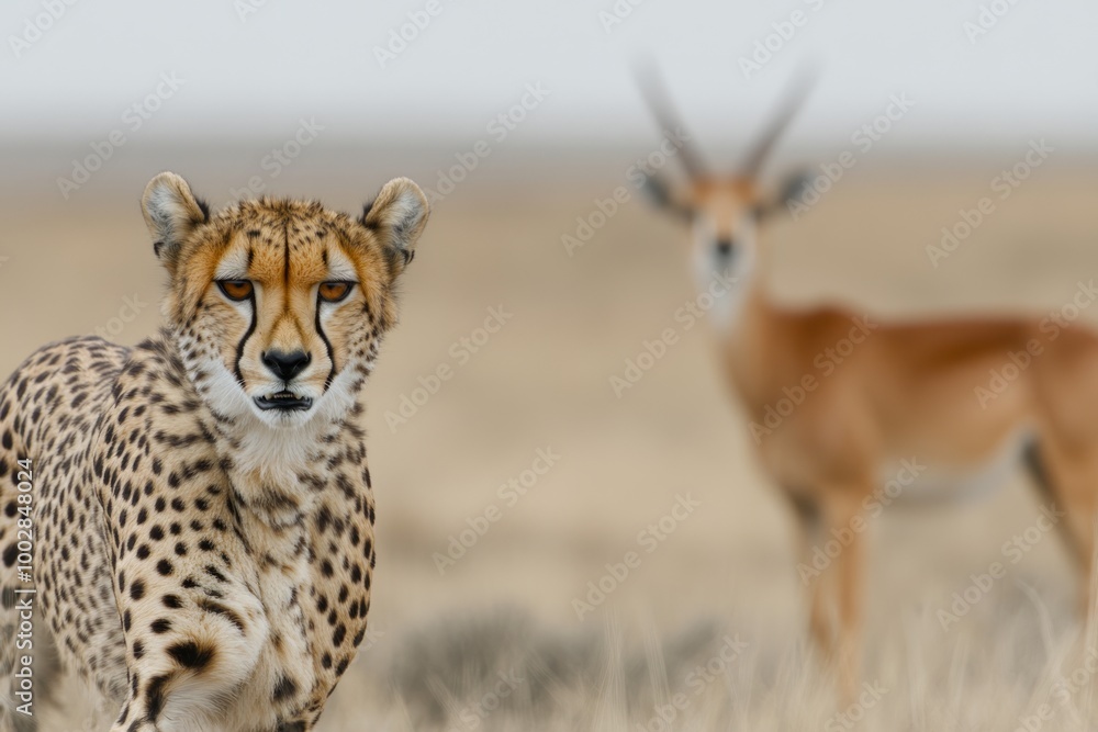 A cheetah in focus with an antelope blurred in the background on a grassy plain. A cheetah in focus with an antelope blurred in the background on a grassy plain.
