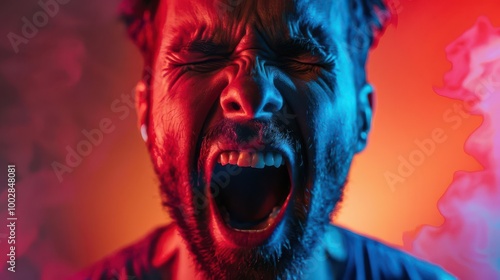 Close-up portrait of a man screaming with his mouth wide open, illuminated in red and blue light.