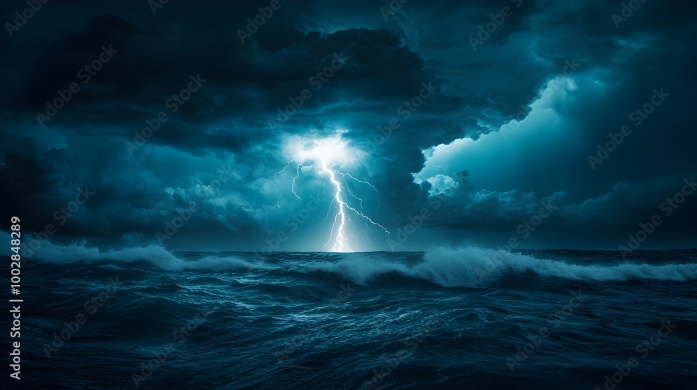 Fototapeta premium Dramatic and intense image capturing the raw power and collision of natural forces as lightning streaks across the sky over a tumultuous stormy ocean scene