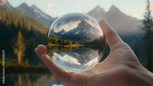 Close-up of a hand gripping a glass orb that mirrors a lush mountain scene, emphasizing the contrast between the natural landscape and its surreal reflection, good fingers, good hand photo