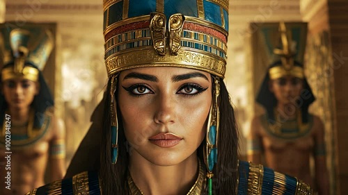 A woman wearing a golden crown and traditional Egyptian makeup stands in a palace