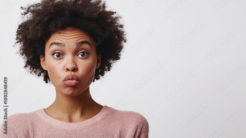 A young black woman with an afro makes a quirky expression with puckered lips and wide eyes, conveying humor and a playful attitude in a candid portrait moment. A young black woman with an afro makes a quirky expression with puckered lips and wide eyes, conveying humor and a playful attitude in a candid portrait moment.