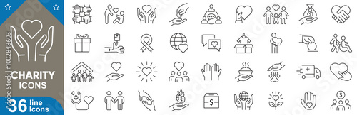 Charity outline icons set. Donation, helping, hands, volunteering, nonprofit, community, heart, giving, philanthropy and more. vector illustrator.