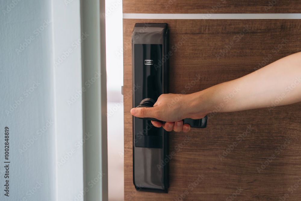Electronic card key for open door in hotel. Smart card key to lock and unlock door. Security systems and protection concept. Electronic card key for open door in hotel. Smart card key to lock and unlock door. Security systems and protection concept.