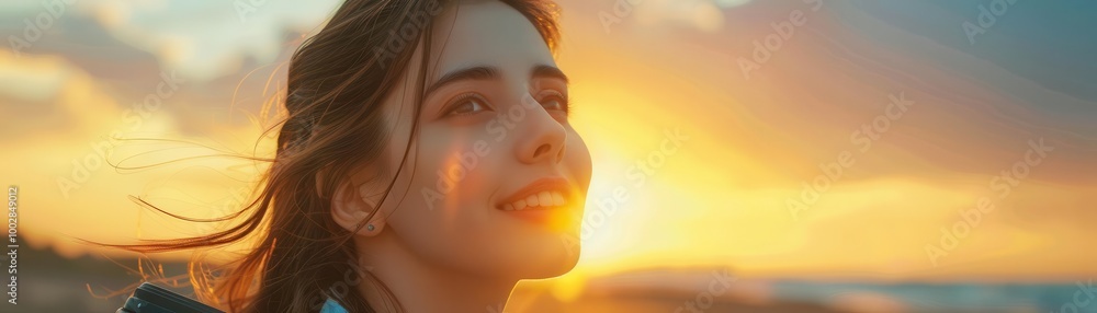 Person enjoying sunset with a serene expression on the beach. Person enjoying sunset with a serene expression on the beach.