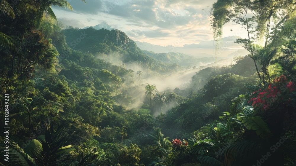 The vibrant tropical rainforest awakens at dawn, shrouded in mist, with verdant hills and diverse flora creating a serene and picturesque environment The vibrant tropical rainforest awakens at dawn, shrouded in mist, with verdant hills and diverse flora creating a serene and picturesque environment